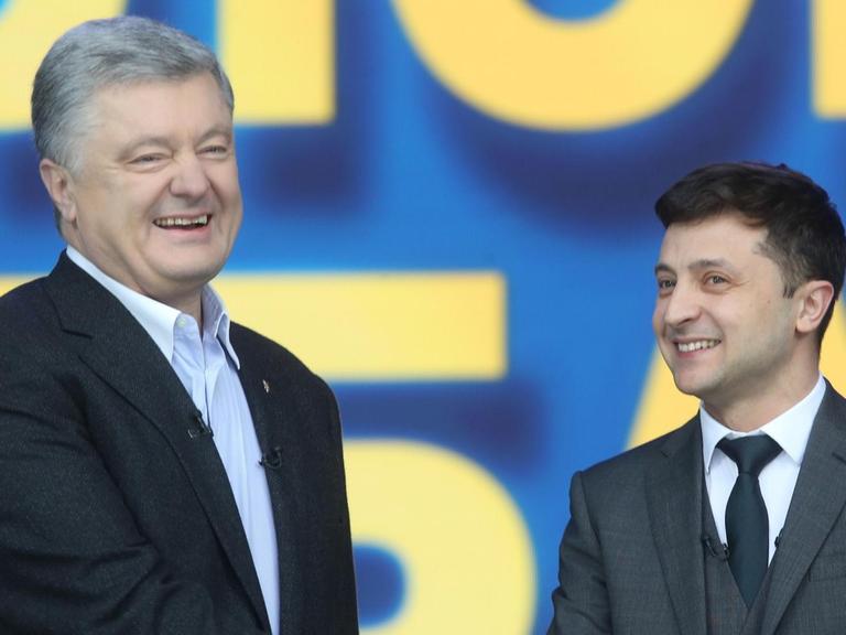 Die Debatte zwischen Petro Poroschenko und Wolodymyr Selenski im Kiewer Stadion am 20. April 2019.