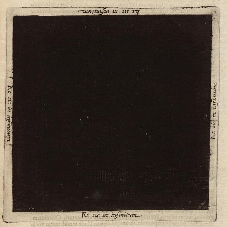 Ein schwarzes Quadrat, an den vier Seiten steht "Et sic in infinitum" Ein schwarzes Quadrat, an den vier Seiten steht "Et sic in infinitum"