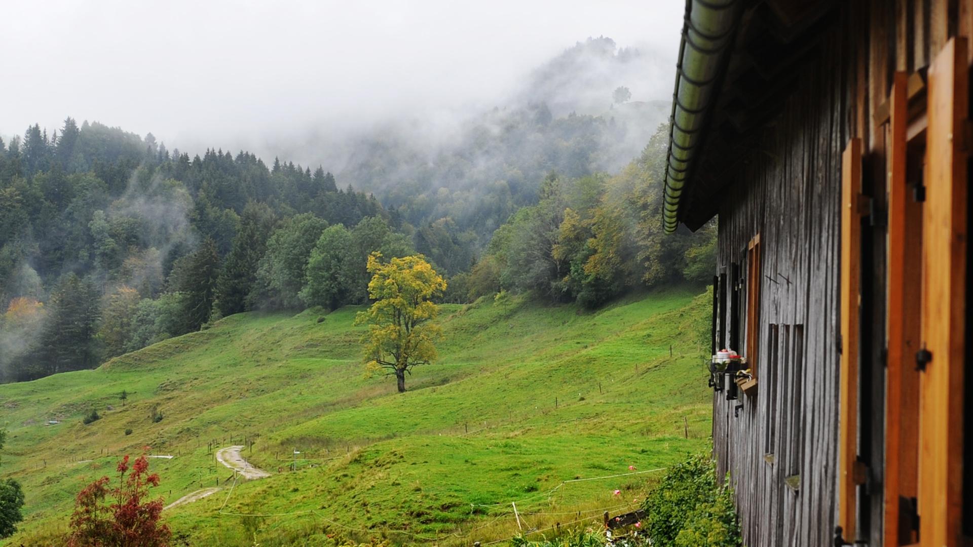Wolken ziehen über eine Alm bei Oberstaufen im Allgaeu in Bayern. Wolken ziehen über eine Alm bei Oberstaufen im Allgaeu in Bayern.