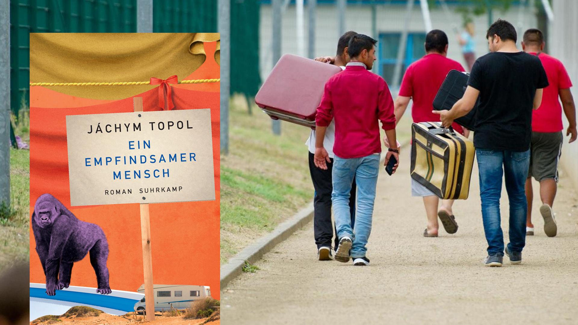 Cover: "Jáchim Topol: Ein empfindsamer Mensch" und Flüchtlinge auf dem Weg zu einer Erstaufnahmeeinrichtung (2015) Cover: "Jáchim Topol: Ein empfindsamer Mensch" und Flüchtlinge auf dem Weg zu einer Erstaufnahmeeinrichtung (2015)