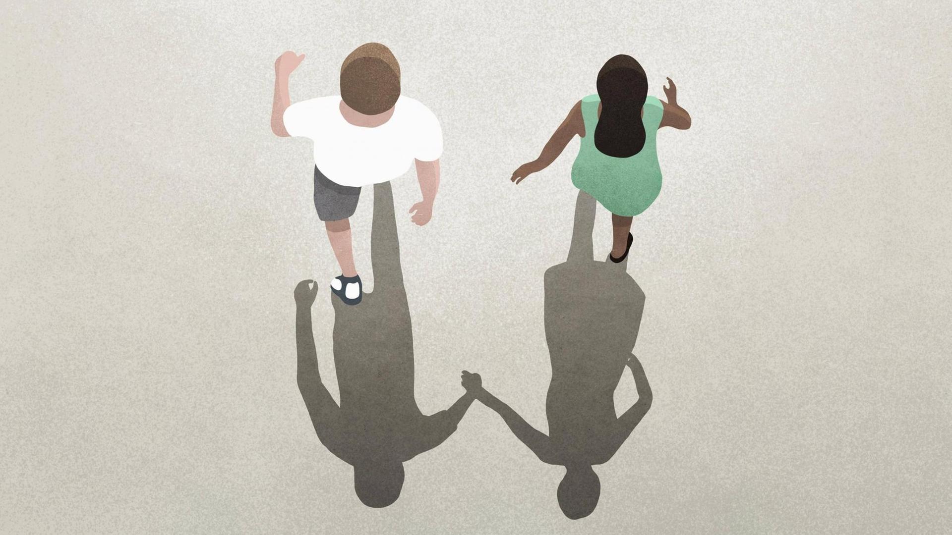 Illustration: Ein Paar - deren Schatten hält sich an den Händen, sie selbst gehen getrennt Illustration: Ein Paar - deren Schatten hält sich an den Händen, sie selbst gehen getrennt