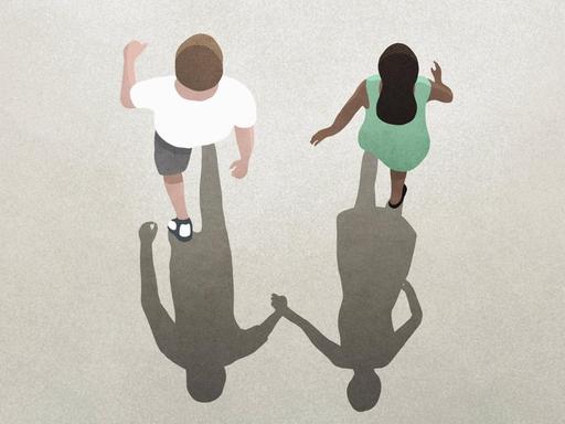 Illustration: Ein Paar - deren Schatten hält sich an den Händen, sie selbst gehen getrennt