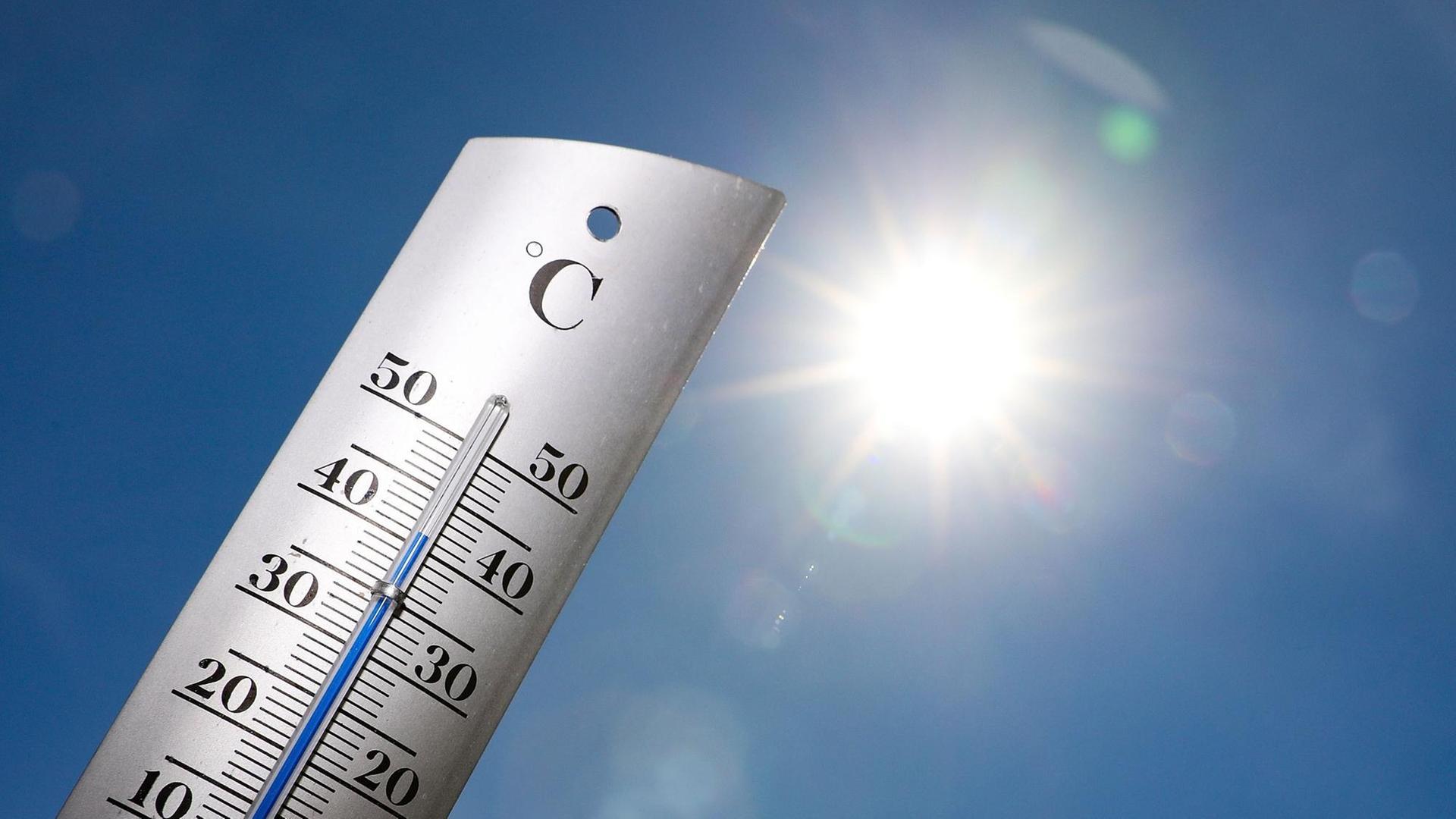 Die Sonne strahlt auf ein Thermometer. Das Thermometer misst 40 Grad.