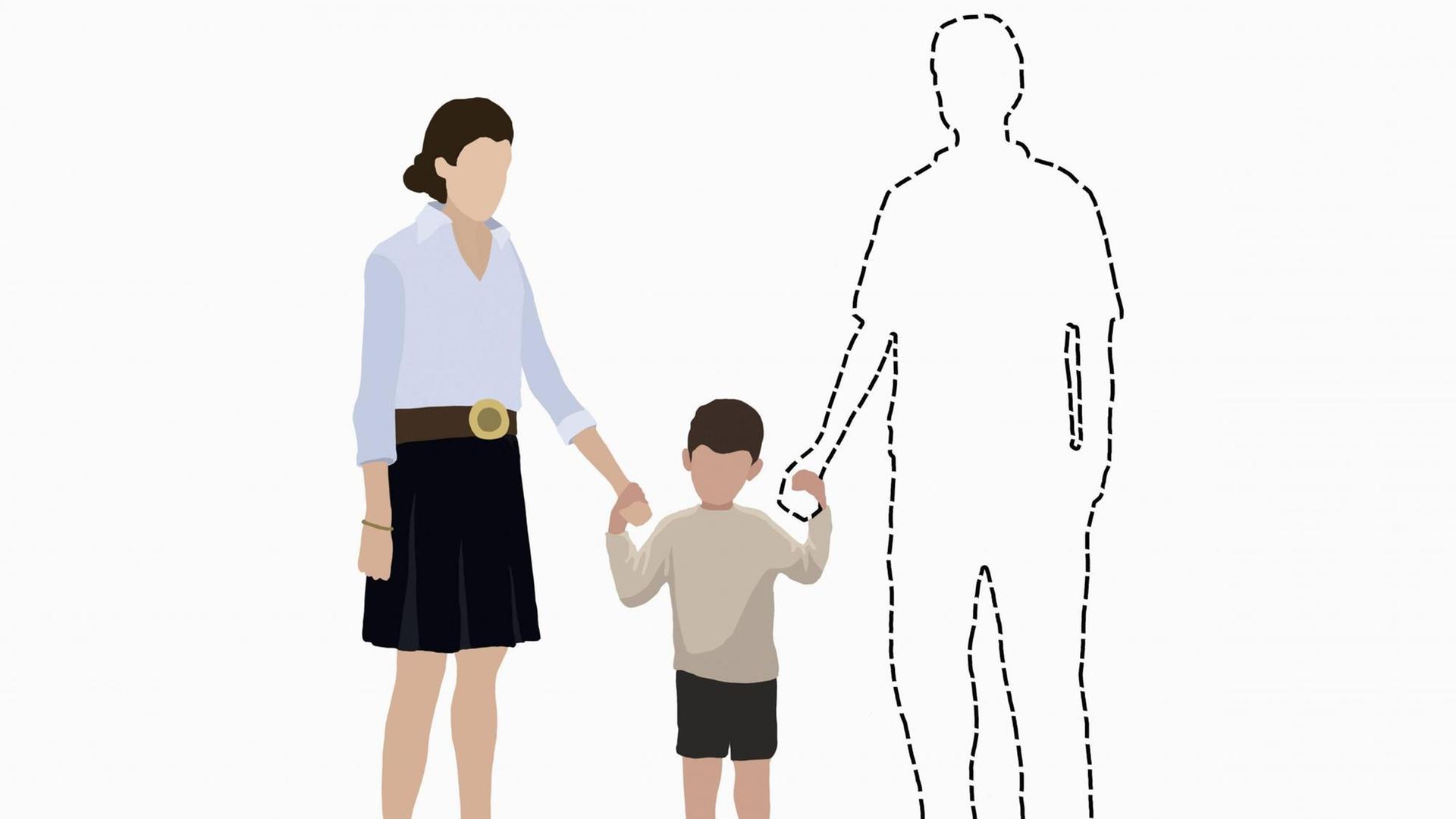 Illustration: ein Kind hält einen vermissten Vater, eine Leerstelle in gestrichelten Linien an der Hand, und an der anderen Hand seine Mutter. Illustration: ein Kind hält einen vermissten Vater, eine Leerstelle in gestrichelten Linien an der Hand, und an der anderen Hand seine Mutter.