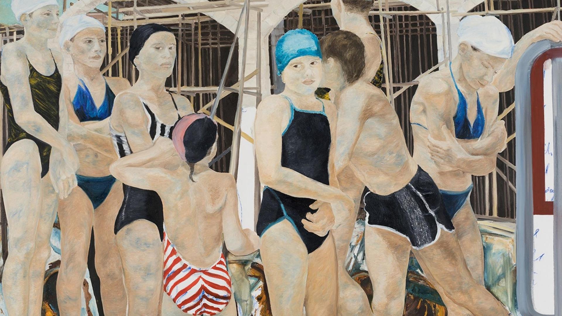Pamela Levis gemälde "The Sea Frieze" aus dem Jahr 1987 zueigt acht menschen in Badebekleidung Pamela Levis gemälde "The Sea Frieze" aus dem Jahr 1987 zueigt acht menschen in Badebekleidung
