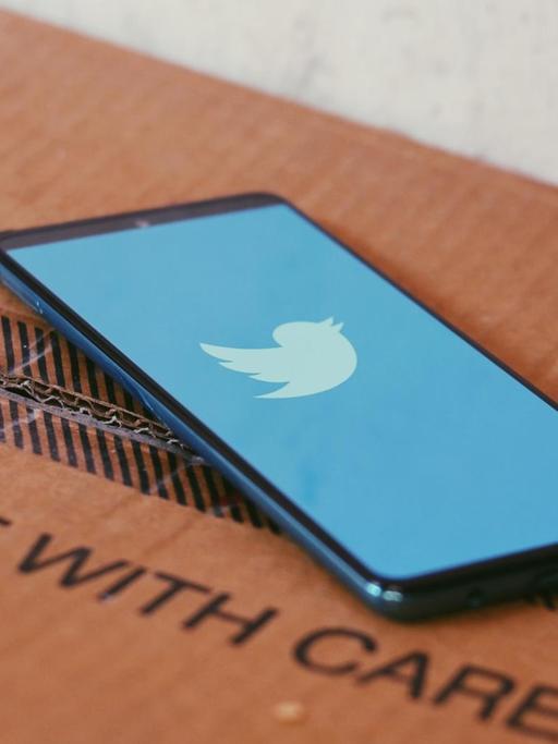 Auf einem Smartphone, das auf einem Karton liegt, ist das Twitter-Logo zu sehen.