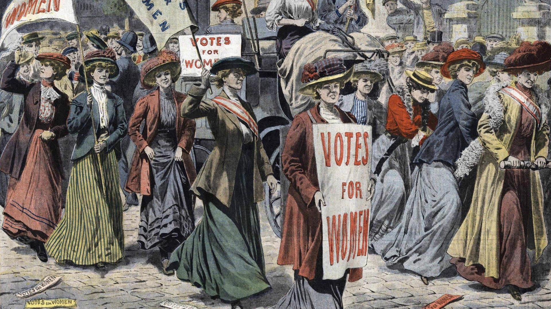 Frauen demonstrieren mit Schildern wie "Wahlrecht für Frauen" auf der Straße. Frauen demonstrieren mit Schildern wie "Wahlrecht für Frauen" auf der Straße.