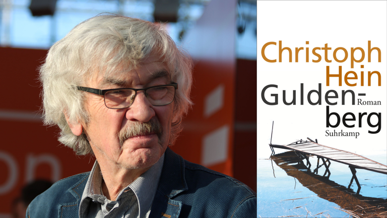 Ein Portrait des Autors Christoph Hein und das Buchcover seines Romans "Guldenberg"
