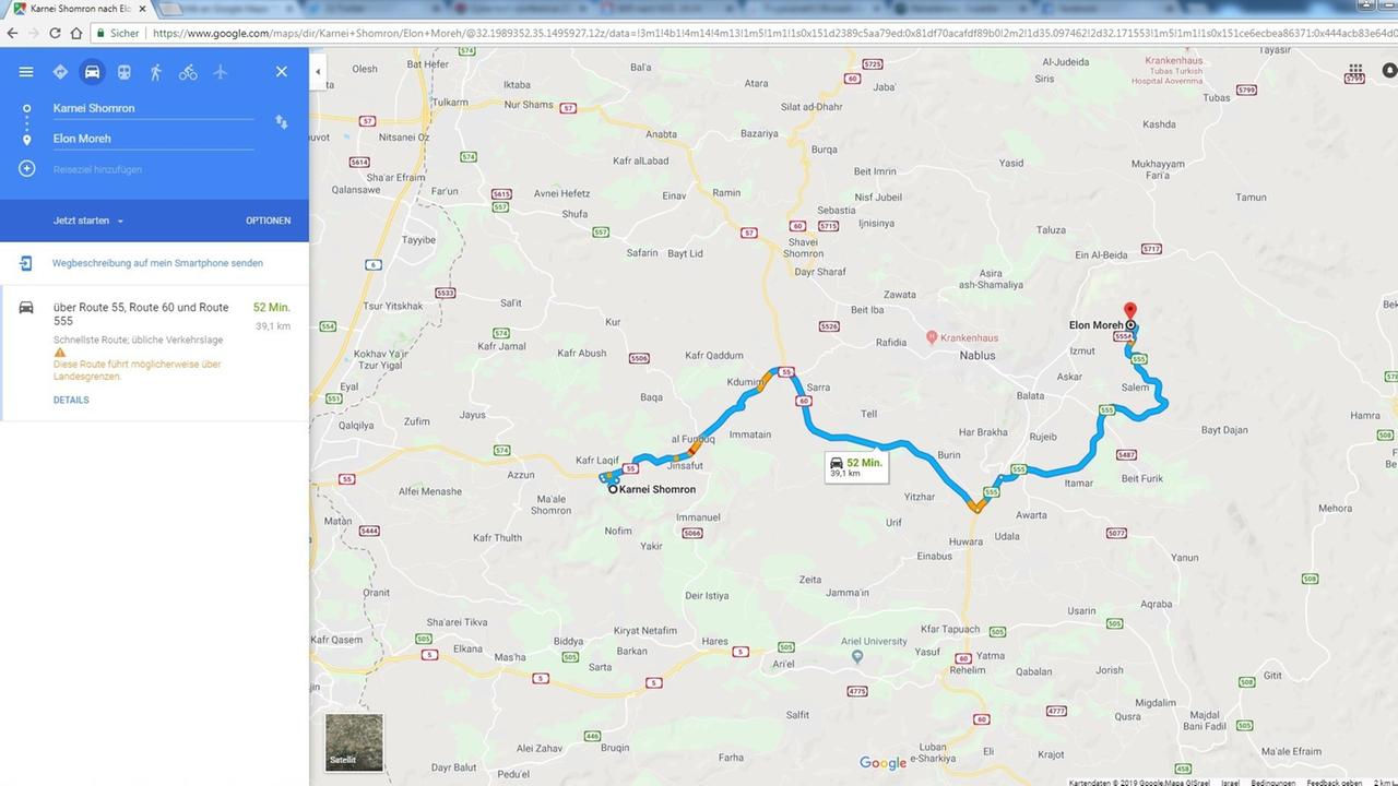 Die Routenberechnung von Karnai Shomron nach Elon Moreh klappt problemlos Die Routenberechnung von Karnai Shomron nach Elon Moreh klappt problemlos
