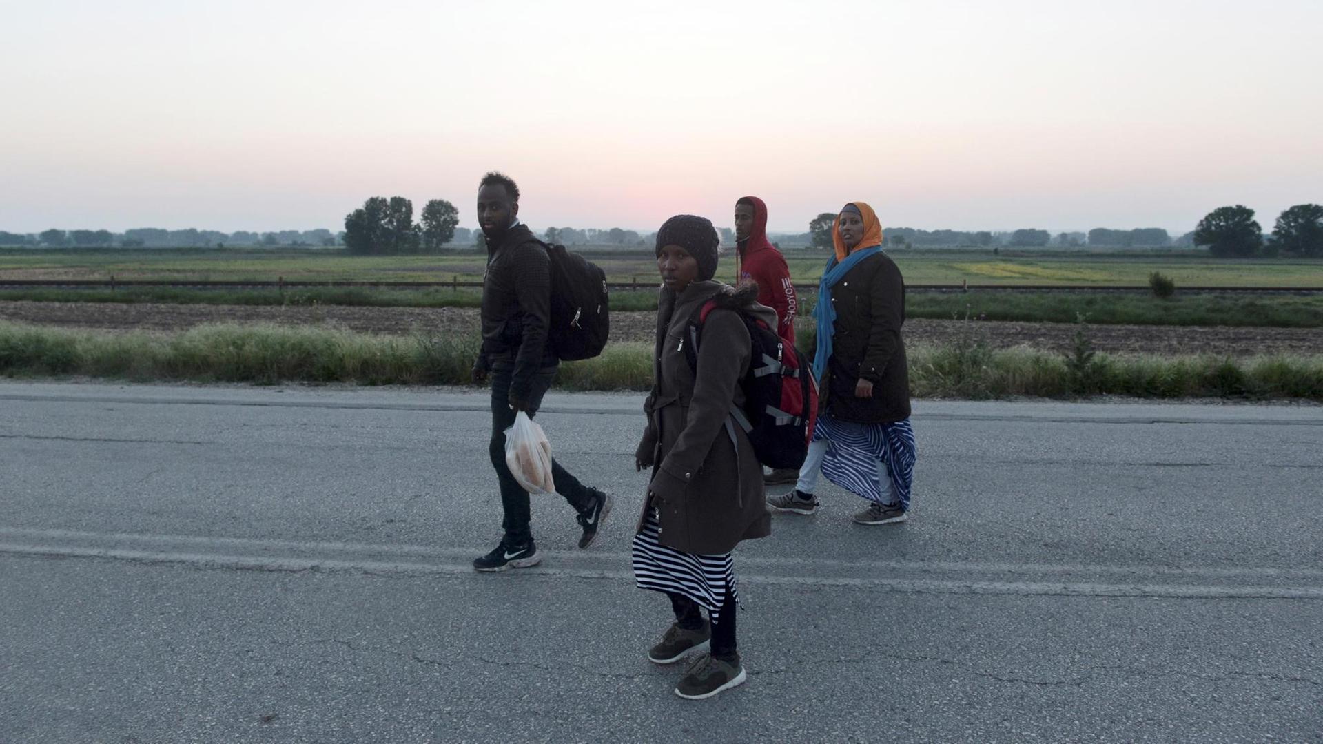 Eine fünfköpfige Gruppe von Migranten läuft im Morgengrauen über eine Landstraße im Nordosten Griechenlands. Im Hintergrund Felder, Wiesen und Bäume.