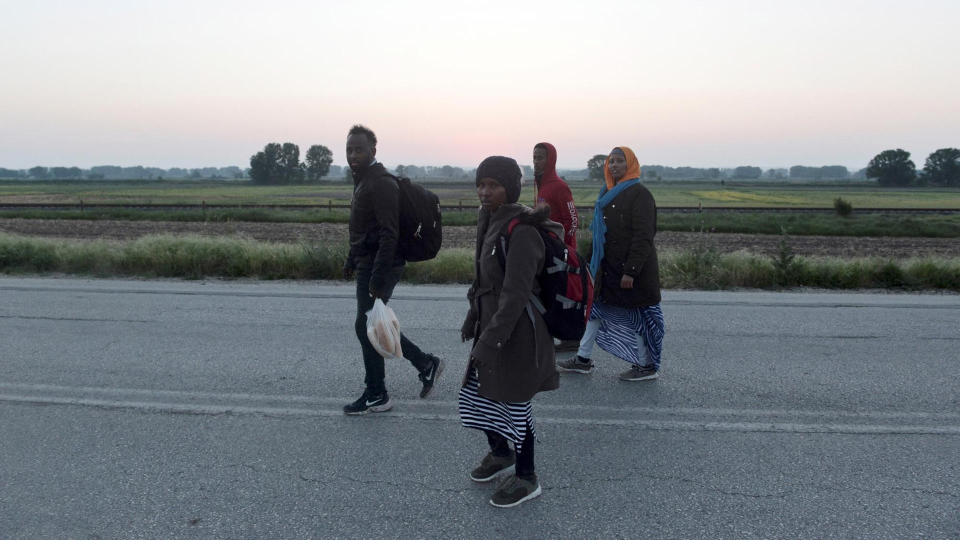 Eine fünfköpfige Gruppe von Migranten läuft im Morgengrauen über eine Landstraße im Nordosten Griechenlands. Im Hintergrund Felder, Wiesen und Bäume. Eine fünfköpfige Gruppe von Migranten läuft im Morgengrauen über eine Landstraße im Nordosten Griechenlands. Im Hintergrund Felder, Wiesen und Bäume.
