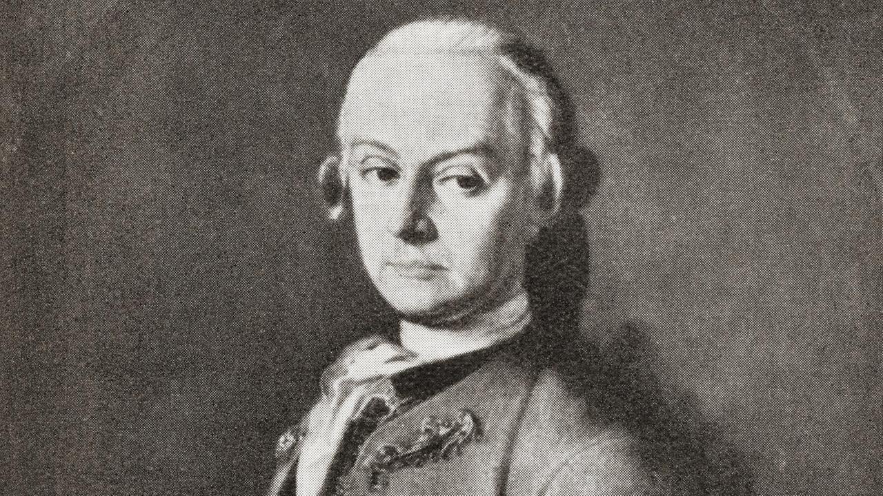 Ein schwarzweiß Porträt zeigt den Komponisten Johann Georg Leopold Mozart. Ein schwarzweiß Porträt zeigt den Komponisten Johann Georg Leopold Mozart.