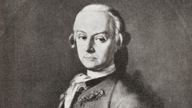Ein schwarzweiß Porträt zeigt den Komponisten Johann Georg Leopold Mozart.