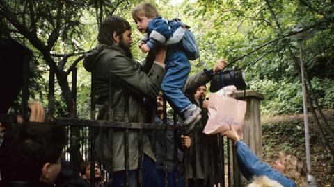 Ausreisewillige DDR-Bürger steigen am 29.9.1989 mit ihren Kindern über den Zaun der bundesdeutschen Botschaft in Prag. 
