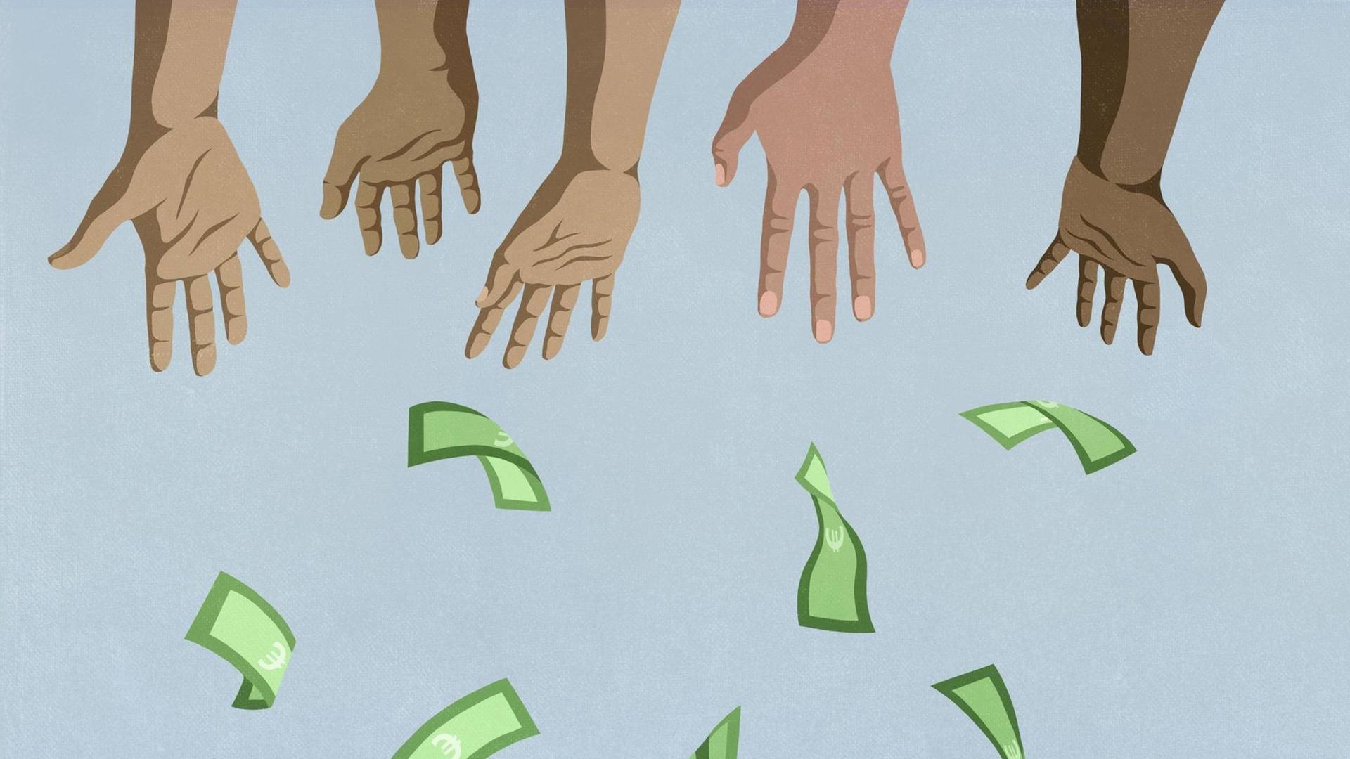 Hände lassen Geld herabregnen. Hände lassen Geld herabregnen.