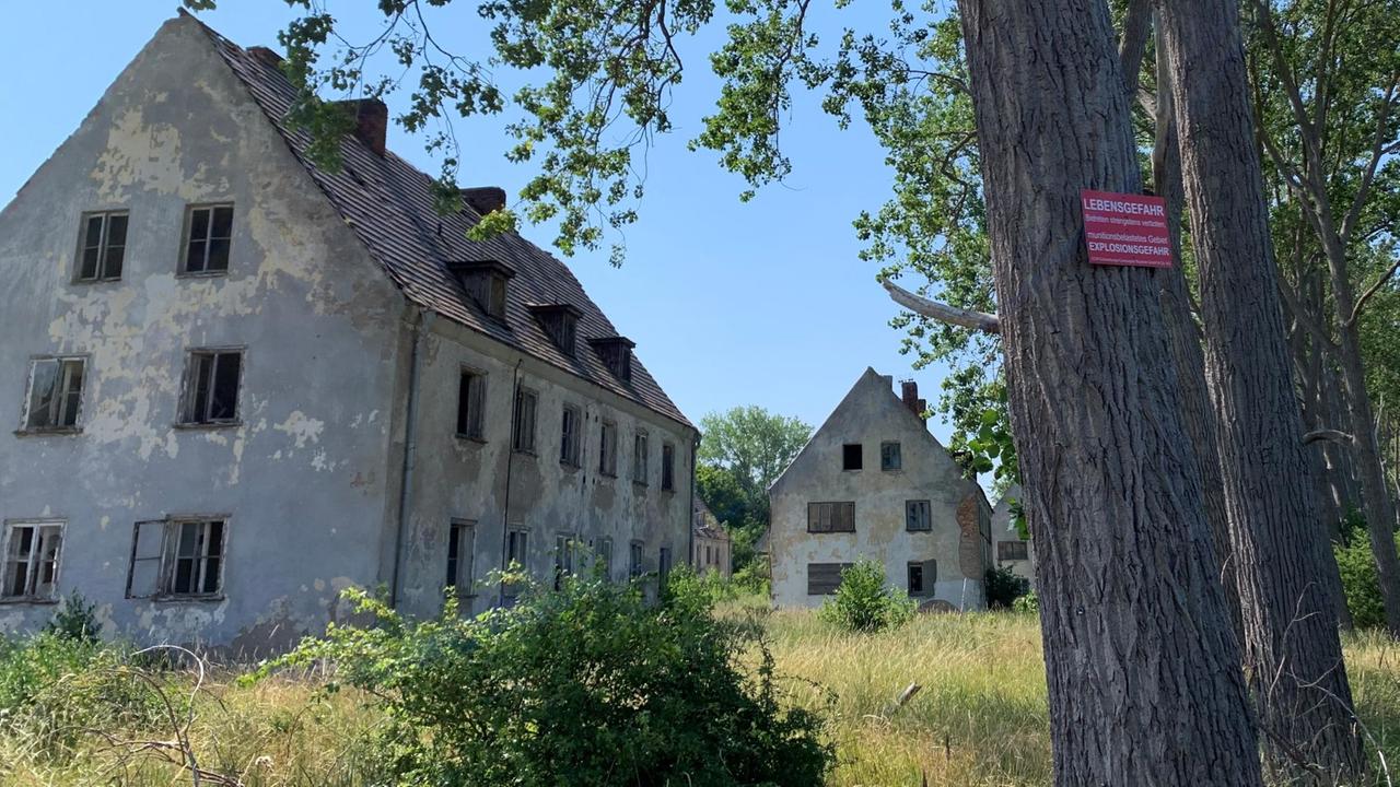 Ruinen auf der Halbinsel Wustrow. Davor hängt an einem Baum ein Schild, dass vor Munitionsresten warnt. Ruinen auf der Halbinsel Wustrow. Davor hängt an einem Baum ein Schild, dass vor Munitionsresten warnt.