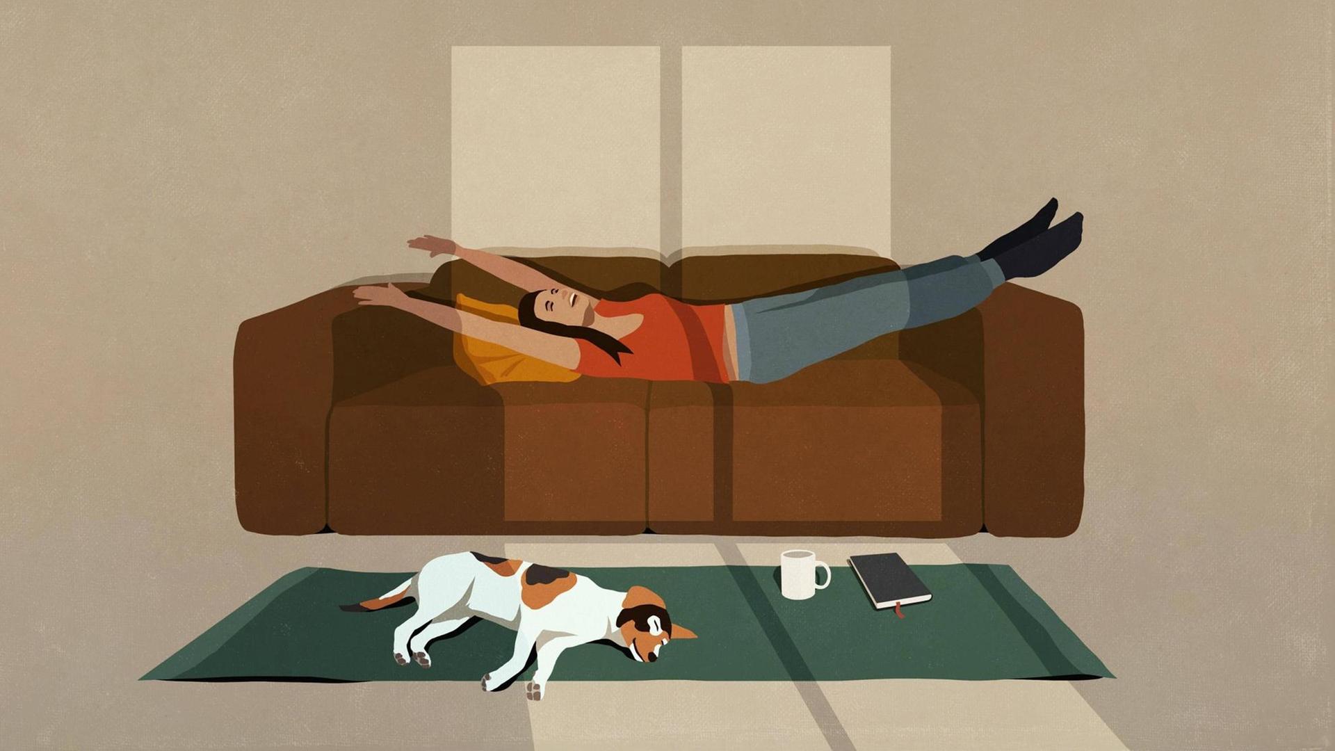 Eien Frau streckt sich auf dem Sofa aus (Illustration). Eien Frau streckt sich auf dem Sofa aus (Illustration).