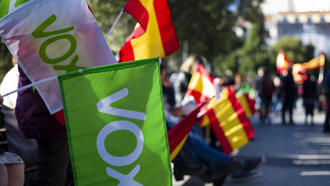 Wahlkampf in Spanien: Unterstützer der rechtsextremistischen Partei Vox. Wahlkampf in Spanien: Unterstützer der rechtsextremistischen Partei Vox.