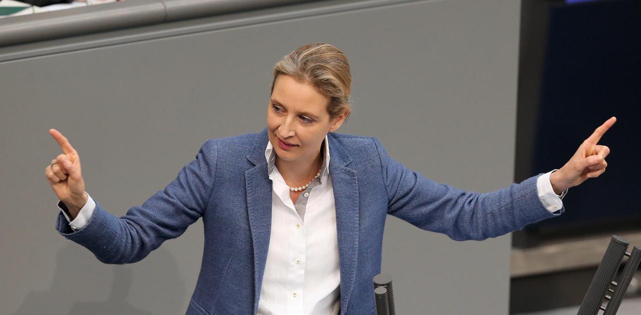 Alice Weidel gestikuliert mit ausgebreiteten Arment am Rednerpult des Deutschen Bundestags Alice Weidel gestikuliert mit ausgebreiteten Arment am Rednerpult des Deutschen Bundestags