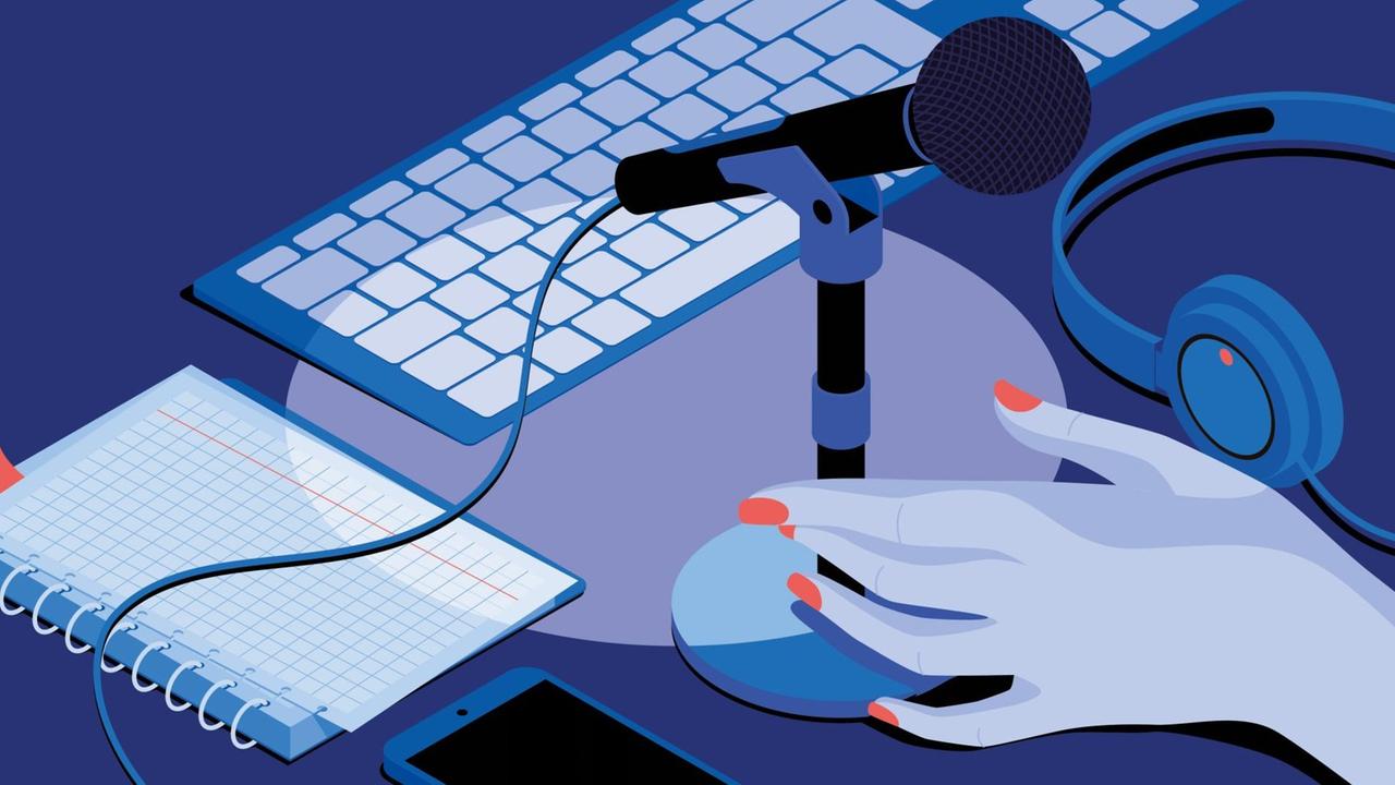 In blauen Tönen gehaltene Illustration einer weiblchen Hand neben einem Mikrofon, einem Smartphone, einem Notizblock, einer Computertastatur und Kopfhörer. In blauen Tönen gehaltene Illustration einer weiblchen Hand neben einem Mikrofon, einem Smartphone, einem Notizblock, einer Computertastatur und Kopfhörer.