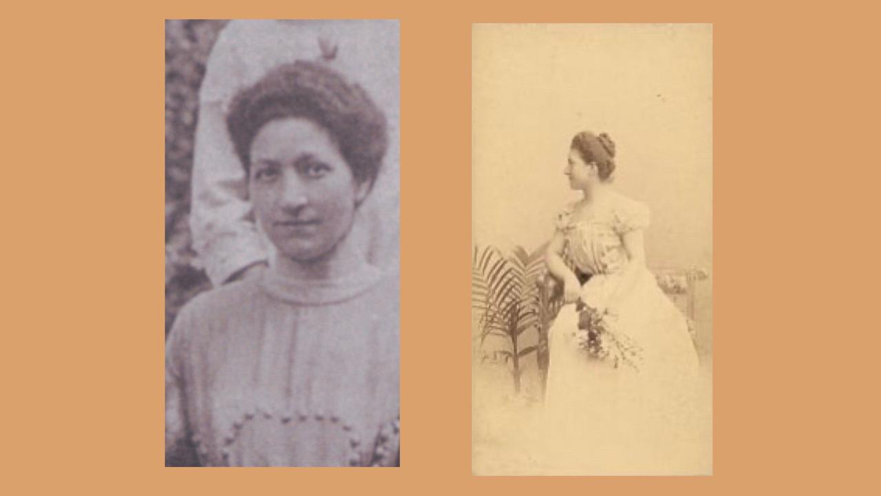 Zwei historische Bilder zeigen Bilder einer jungen Frau mit damals typisch hochgesteckten, dunklen Haaren. Zwei historische Bilder zeigen Bilder einer jungen Frau mit damals typisch hochgesteckten, dunklen Haaren.