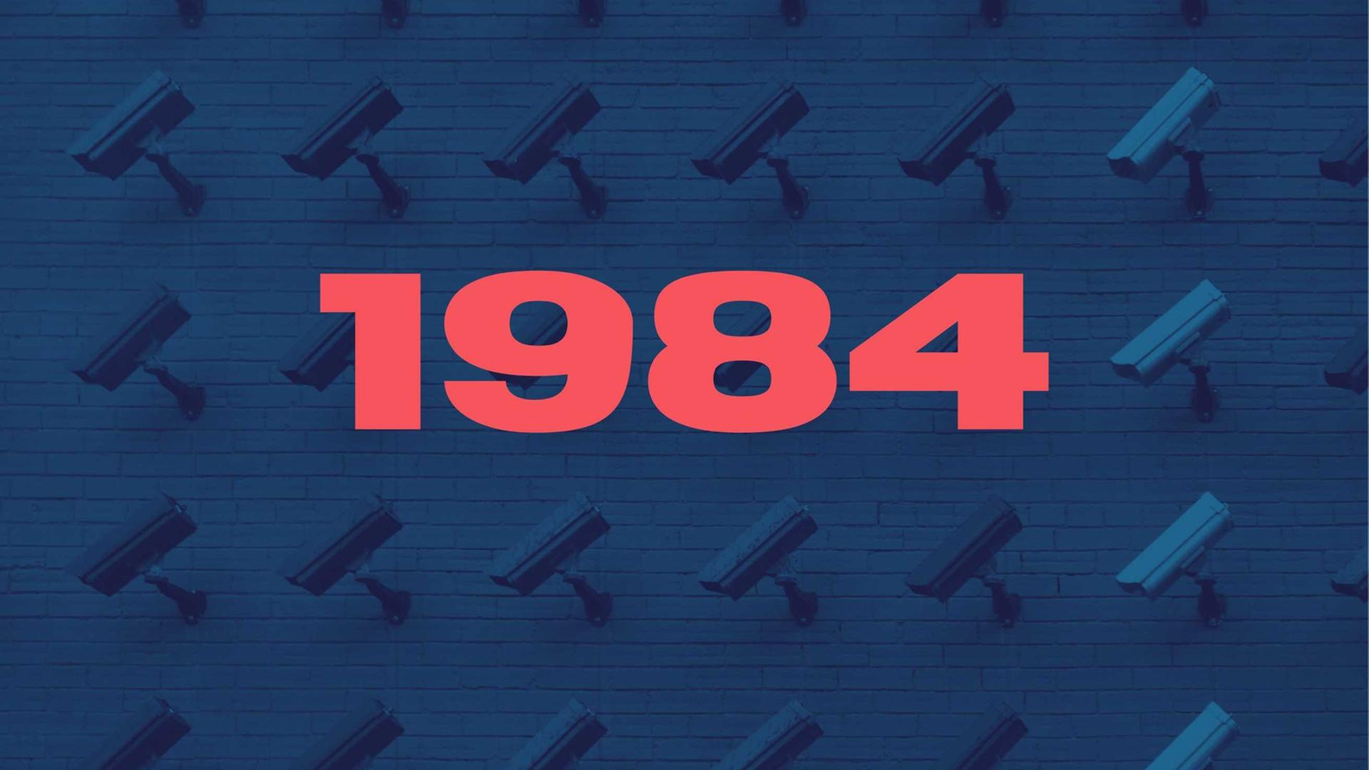 Die rote Zahl 1984 in der Mitte des Bildes. Dahinter Überwachungskameras auf blauem Hintergrund. Die rote Zahl 1984 in der Mitte des Bildes. Dahinter Überwachungskameras auf blauem Hintergrund.