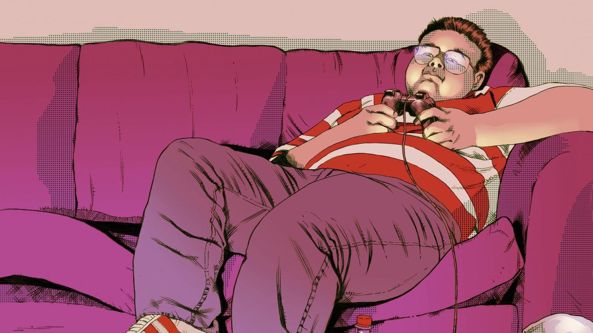 Illustration eines übergewichtigen Jungen, der sich mit einem Game-Controller auf dem Sofa herumfläzt.
