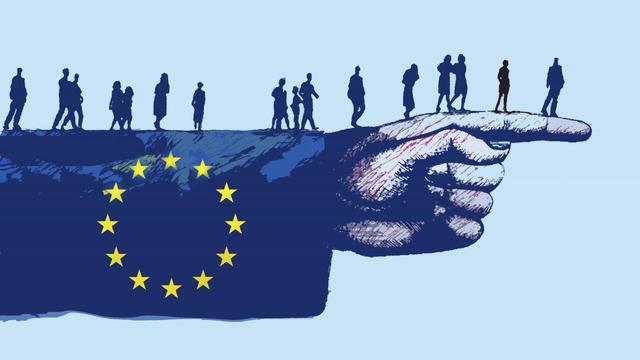 Menschen gehen auf einem Arm mit EU-Flagge zum ausgestreckten Finger (Illustration).