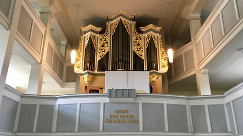 Blick von unten auf die Pfeifen der Silbermann-Orgel in der Kirche von Niederschöna.