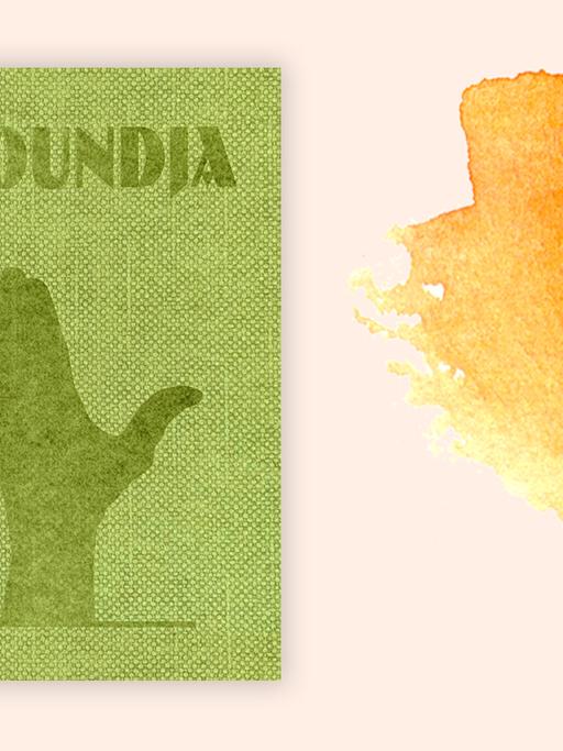 Cover von Reinout van den Bergh "Eboundja" vor orangenem Aquarellhintergrund