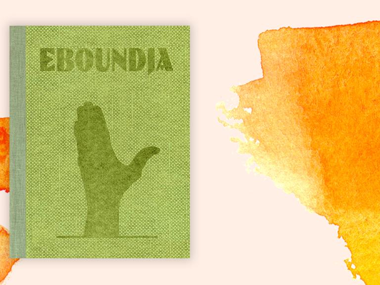 Cover von Reinout van den Bergh "Eboundja" vor orangenem Aquarellhintergrund