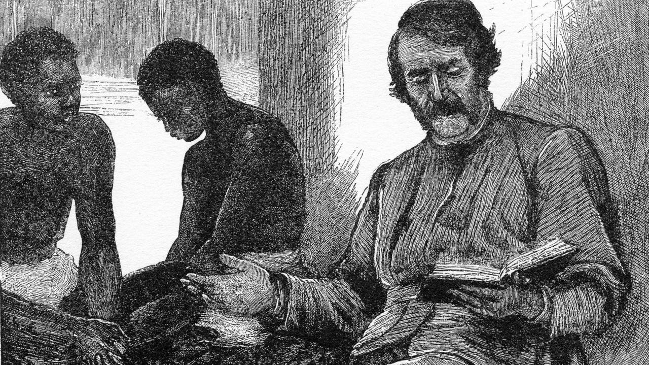 Der Forschungsreisende David Livingstone liest zwei jungen Männern aus der Bibel vor. Eine zeitgenössische Zeichnung von Henry Morton Stanley.