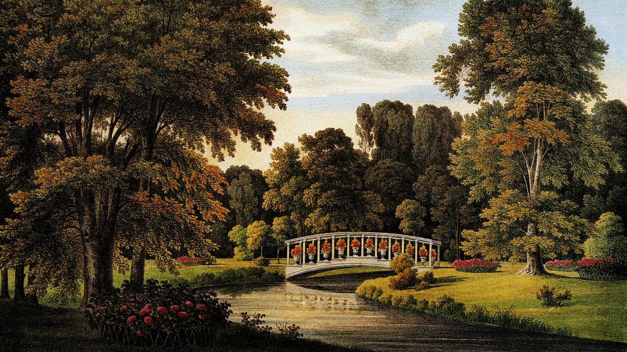 Kolorierte Lithographiedes Blauen Blumengartens (1834) im Fürst-Pückler-Park in Muskau, nach einer Zeichnung vonWilhelm Schirmer. Kolorierte Lithographiedes Blauen Blumengartens (1834) im Fürst-Pückler-Park in Muskau, nach einer Zeichnung vonWilhelm Schirmer.