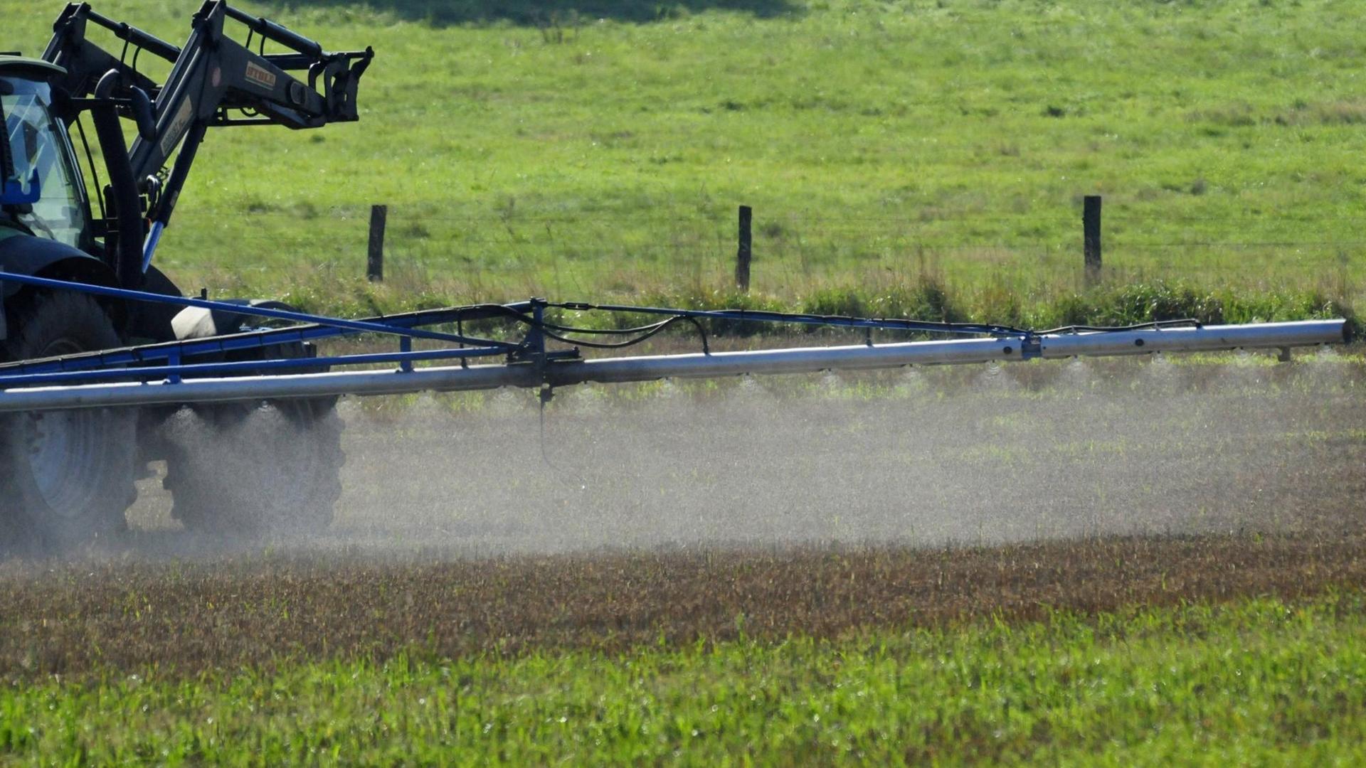 Traktor spritzt Glyphosat zur Unkrautvernichtung im Sommer in Rheinland Pfalz. Traktor spritzt Glyphosat zur Unkrautvernichtung im Sommer in Rheinland Pfalz.