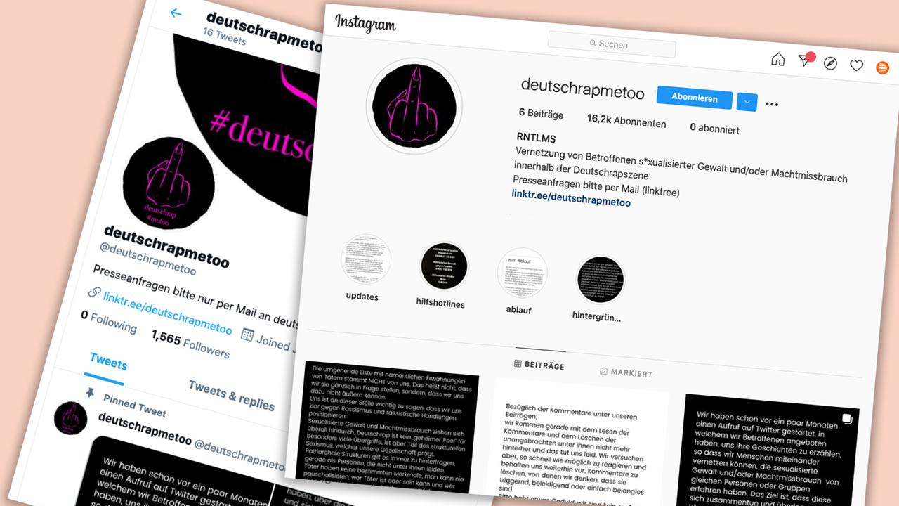 Screenshots des Twitter- und des Instagram-Auftritts von Deutschrapmetoo. Screenshots des Twitter- und des Instagram-Auftritts von Deutschrapmetoo.