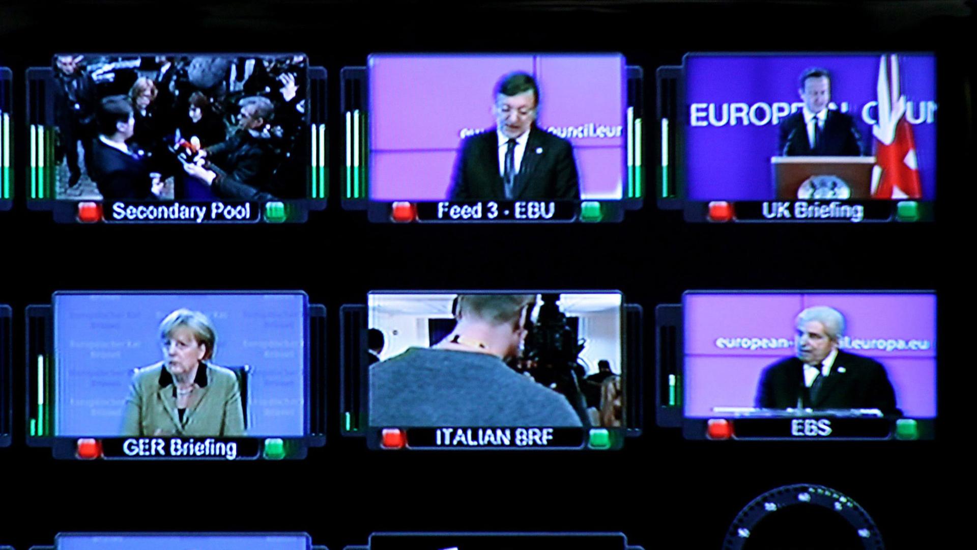 Auf Kontrollmonitoren sind Aufnahmen verschiedener Pressekonferenzen nach einem Treffen des Europäischen Rates in Brüssel zu sehen. Auf Kontrollmonitoren sind Aufnahmen verschiedener Pressekonferenzen nach einem Treffen des Europäischen Rates in Brüssel zu sehen.