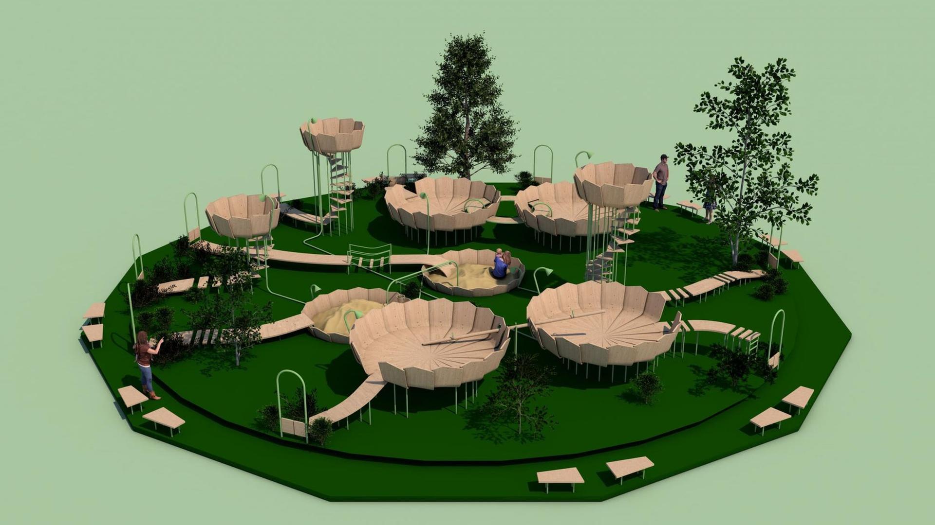 Modell des infektionsfreien Spielplatzes "Rimbin": Schalen, die Seerosenblättern nachempfunden sind. Zu jeder Schale führt ein separater Pfad. Modell des infektionsfreien Spielplatzes "Rimbin": Schalen, die Seerosenblättern nachempfunden sind. Zu jeder Schale führt ein separater Pfad.