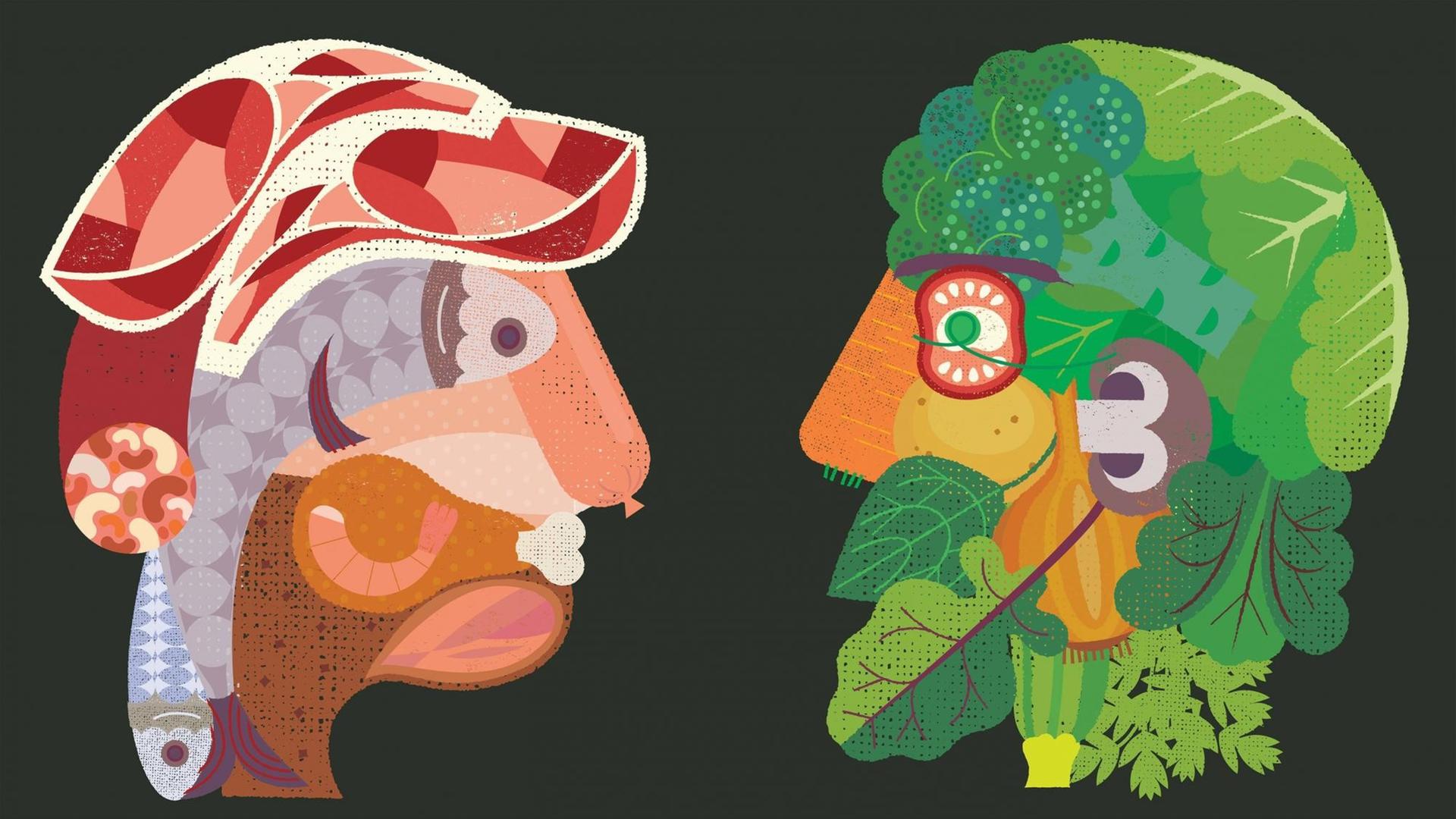 Illustration: Gegensätzliche Köpfe aus Fleisch und Gemüse die sich anschauen. Illustration: Gegensätzliche Köpfe aus Fleisch und Gemüse die sich anschauen.