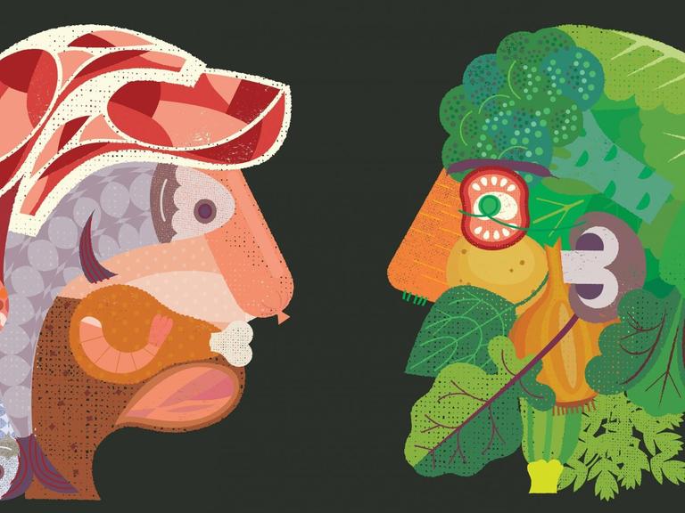 Illustration: Gegensätzliche Köpfe aus Fleisch und Gemüse die sich anschauen.