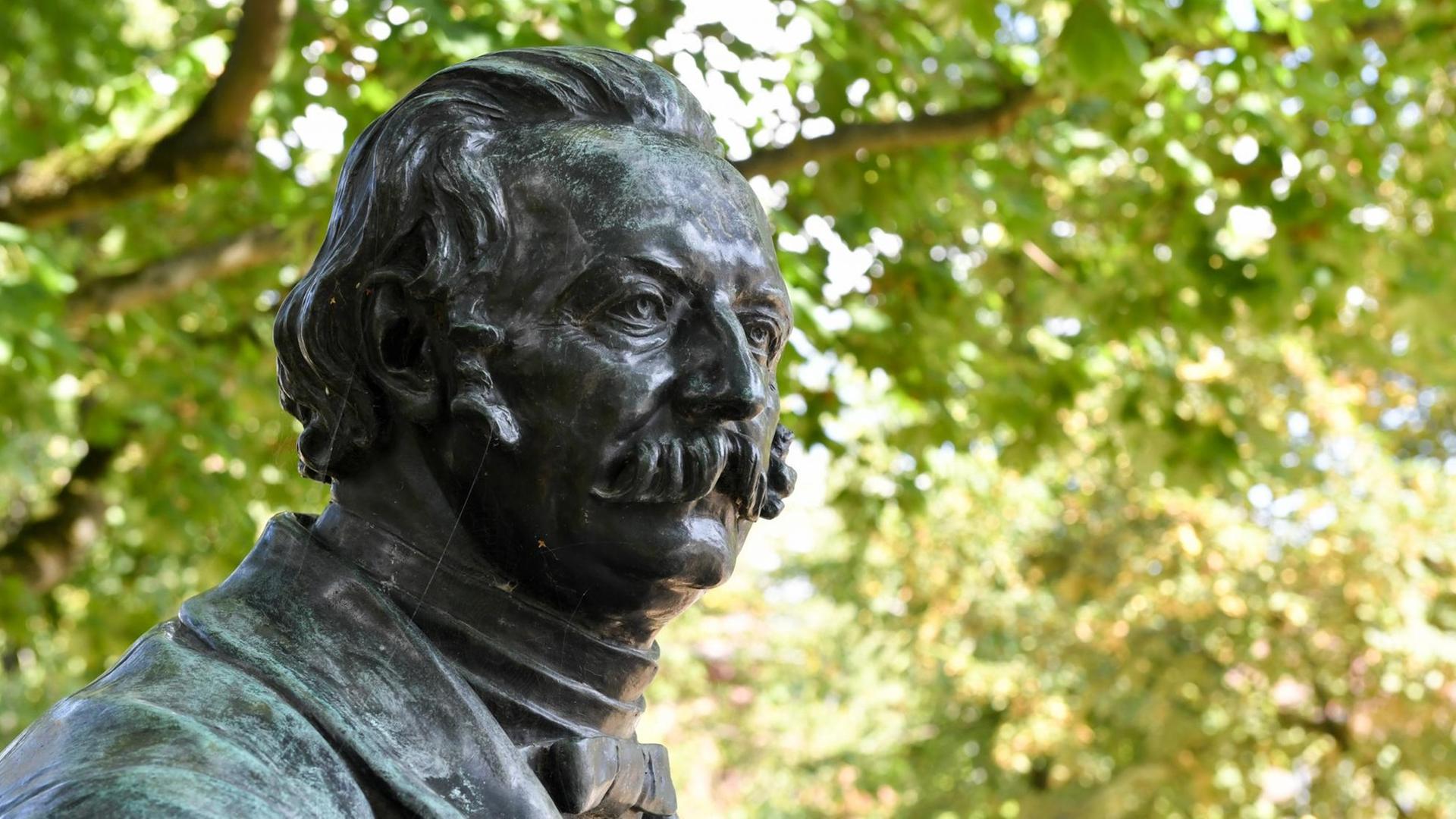 Das Foto zeigt den Kopf der Bronzestaue von Theodor Fontane vor einer begrünten Baumkrone. Das Foto zeigt den Kopf der Bronzestaue von Theodor Fontane vor einer begrünten Baumkrone.