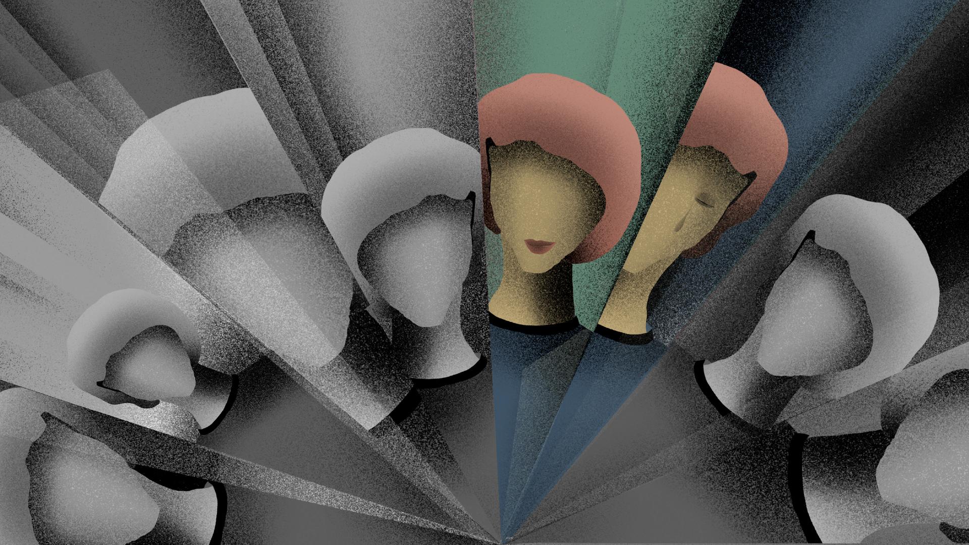 Die Illustration zeigt die Schemen einer Frau, wie in einem Kaleidoskop, in dreieckigen Ausschnitte gebrochen. Zwei dieser Fragmente sind farbig, die restlichen sind grau. Die Illustration zeigt die Schemen einer Frau, wie in einem Kaleidoskop, in dreieckigen Ausschnitte gebrochen. Zwei dieser Fragmente sind farbig, die restlichen sind grau.