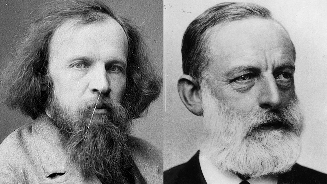 Eine Montage zeigt Porträts von Dmitri Mendelejew und Lothar Meyer in Schwarz-Weiß nebeneinander. Eine Montage zeigt Porträts von Dmitri Mendelejew und Lothar Meyer in Schwarz-Weiß nebeneinander.
