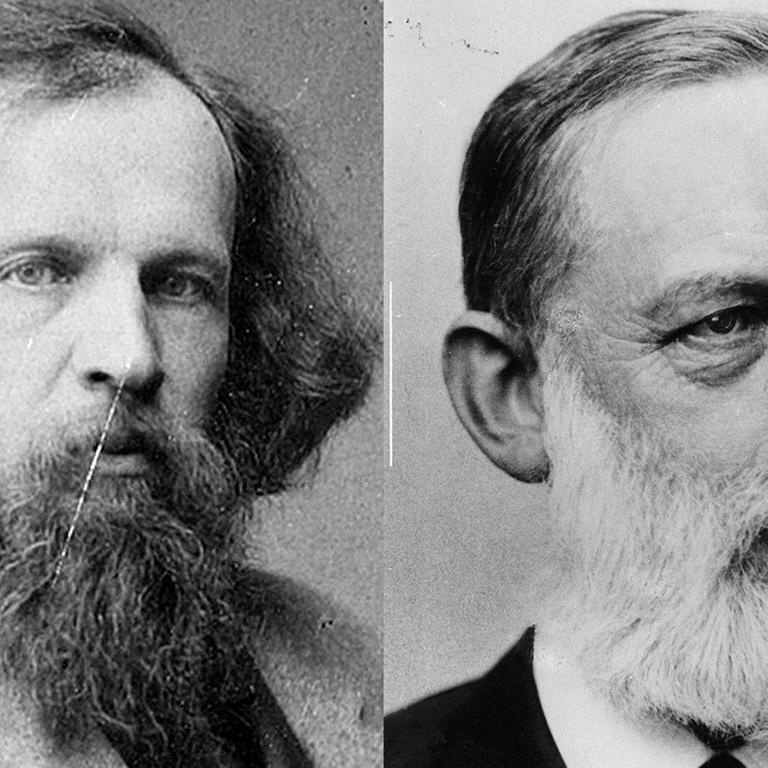 Eine Montage zeigt Porträts von Dmitri Mendelejew und Lothar Meyer in Schwarz-Weiß nebeneinander.