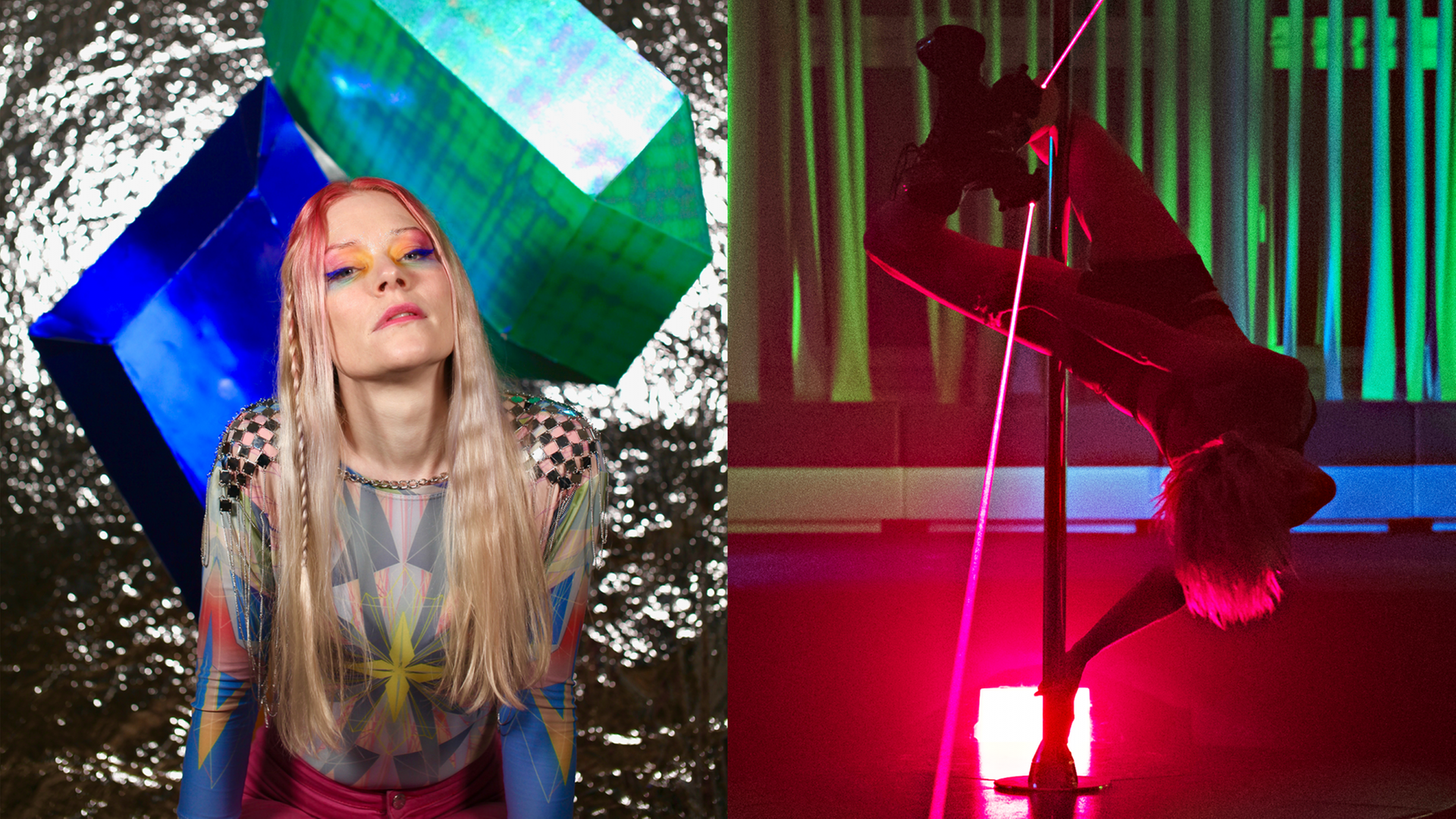 Collage aus zwei Fotos: Links ein Porträtfoto der Künstlerin Apex Anima in bunter Kleidung, rechts tanzt die Pole-Dance-Performerin FRZNTE an einer Stange. Collage aus zwei Fotos: Links ein Porträtfoto der Künstlerin Apex Anima in bunter Kleidung, rechts tanzt die Pole-Dance-Performerin FRZNTE an einer Stange.