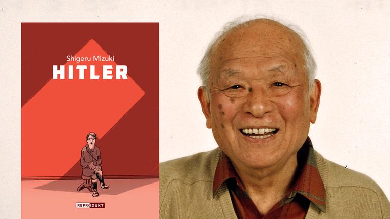 Eine Montage zeigt das Buchcover "Hitler" von Shigeru Mizuki neben einem Porträt des Autors. Eine Montage zeigt das Buchcover "Hitler" von Shigeru Mizuki neben einem Porträt des Autors.