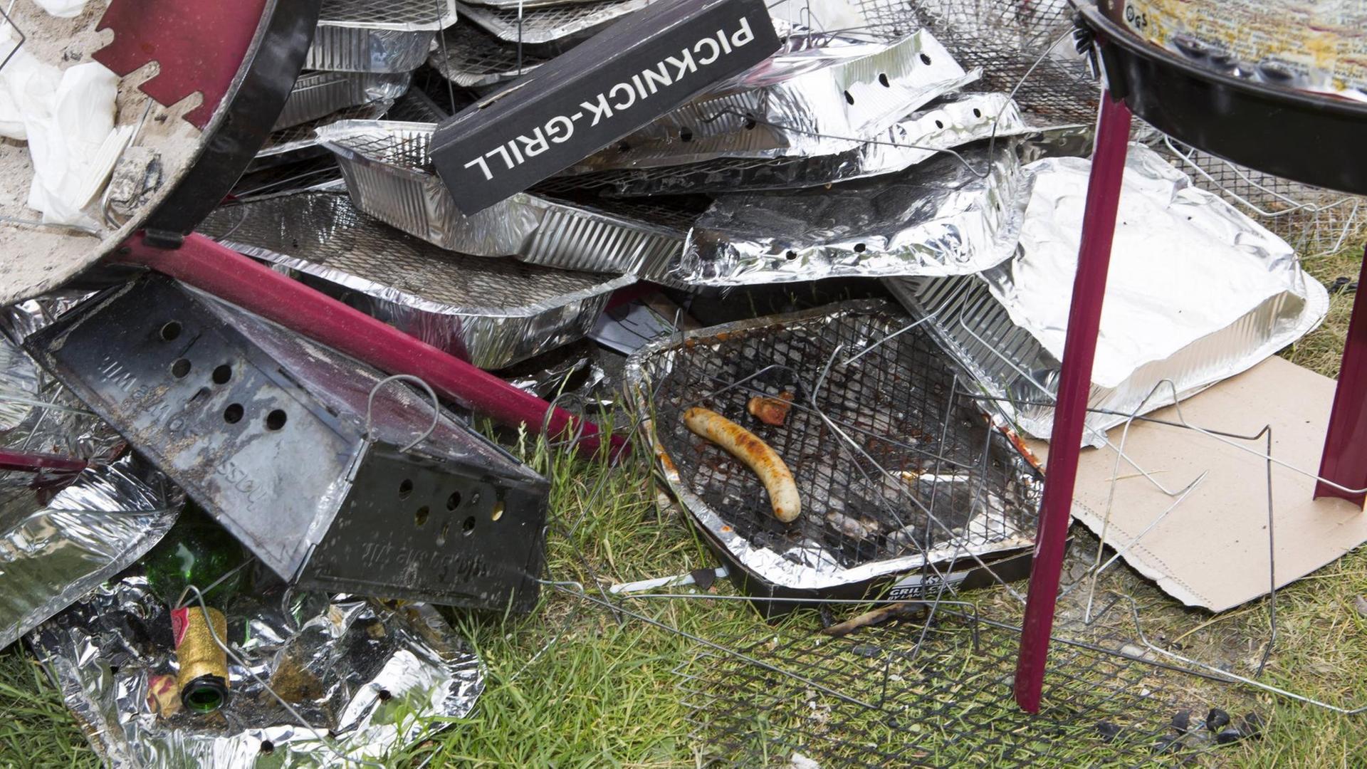 Umweltschädigend: Einweggrills auf einer Wiese in Hamburg Umweltschädigend: Einweggrills auf einer Wiese in Hamburg