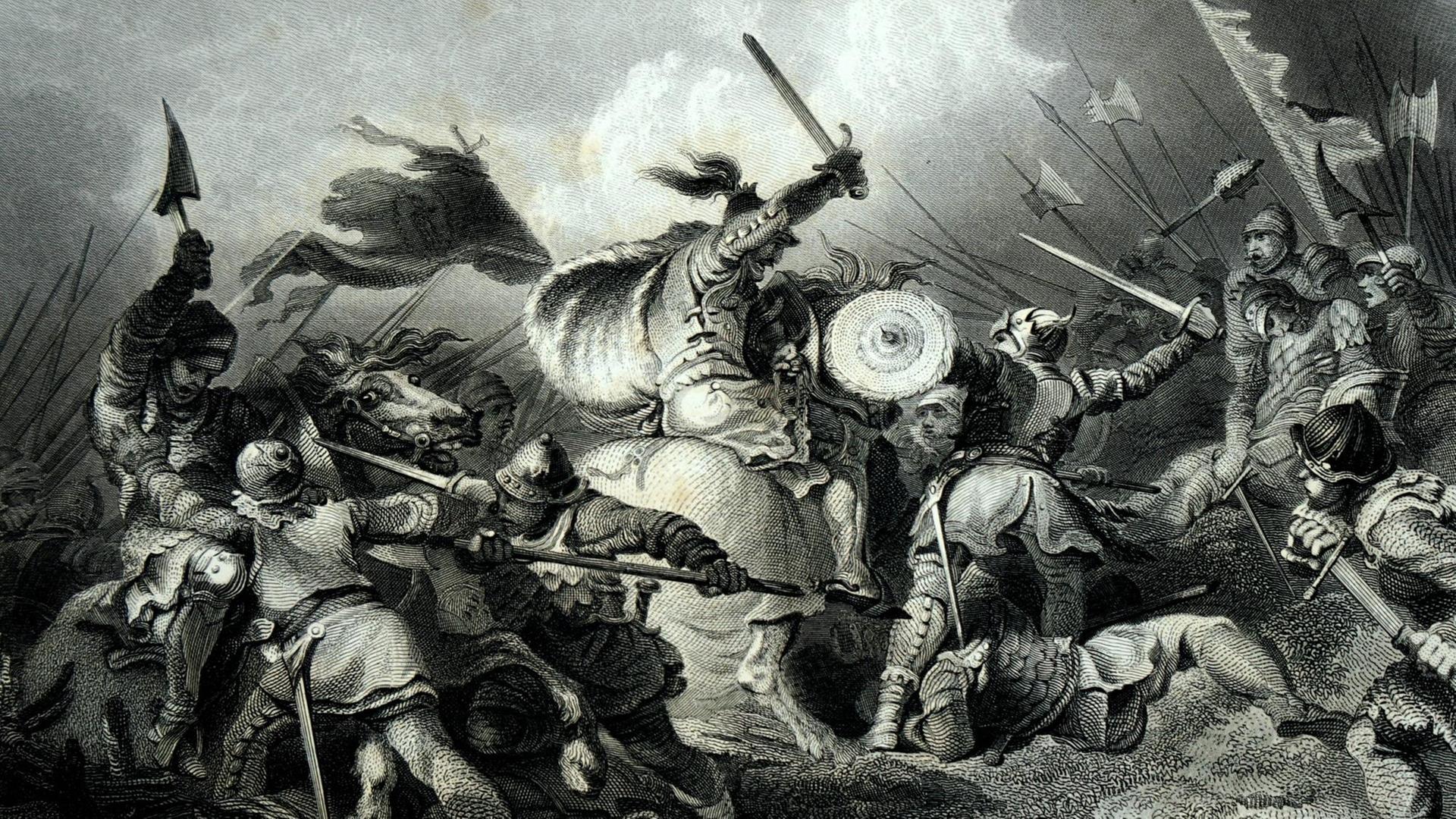 Eine bildliche Darstellung der Schlacht von Hastings am 14. Oktober 1066 zwischen Normannen und Angelsachsen. Eine bildliche Darstellung der Schlacht von Hastings am 14. Oktober 1066 zwischen Normannen und Angelsachsen.