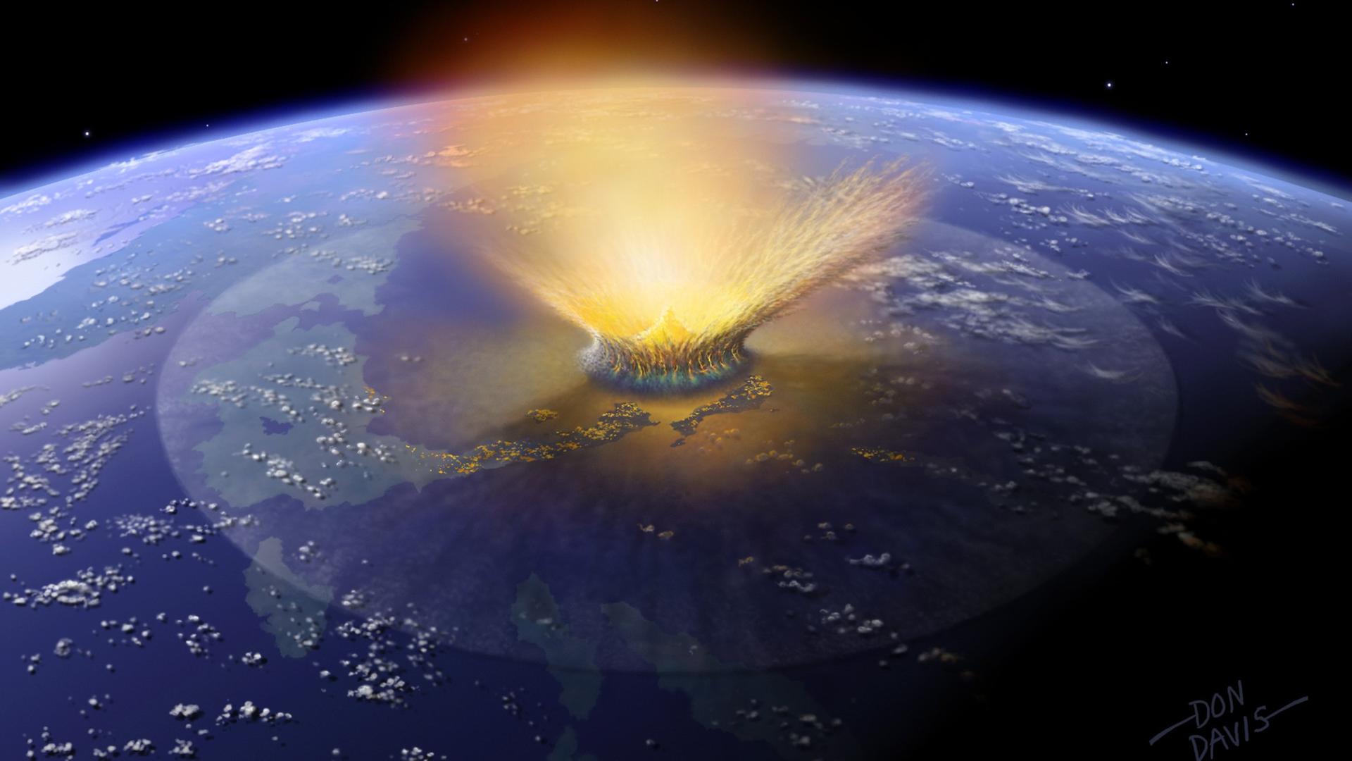 Die undatierte Illustration zeigt den katastrophalen Asteroideneinschlag auf der Erde, der vor etwa 66 Millionen Jahren die meisten Dinosaurier und ein Großteil aller anderen Tierarten ausgerottet haben soll.