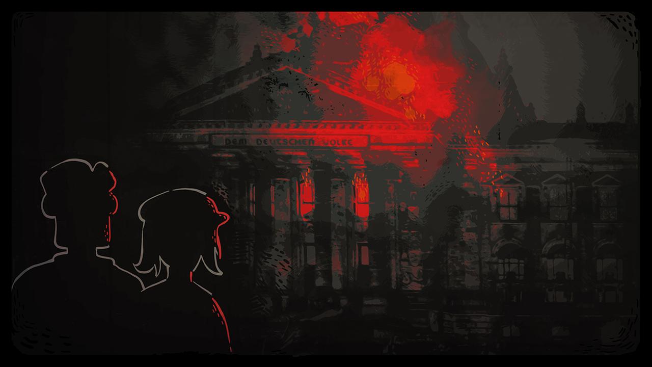 Zwei Personen bobachten den im Hintergrund brennenden Reichstag. Eine Szene aus dem Computerspiel "Through the Darkest of Times". Zwei Personen bobachten den im Hintergrund brennenden Reichstag. Eine Szene aus dem Computerspiel "Through the Darkest of Times".