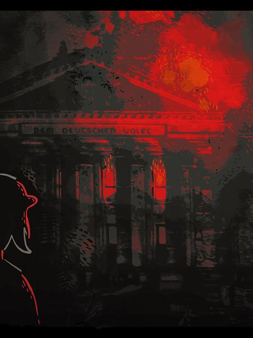 Zwei Personen bobachten den im Hintergrund brennenden Reichstag. Eine Szene aus dem Computerspiel "Through the Darkest of Times".